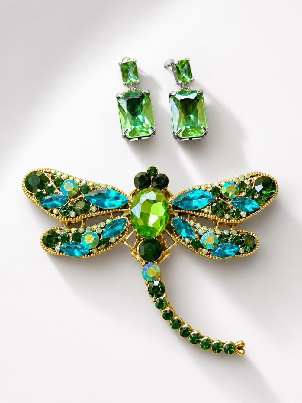 STUNNING Green and Teal Crystal Rh Dragonfly Brooch with Matching Earrings